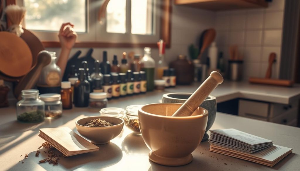 A cozy, well-lit kitchen counter with an array of essential oil bottles, small jars, and dried herbs. Sunlight streams in through a window, casting a warm glow over the scene. In the foreground, a set of mixing bowls and a mortar and pestle suggest the creation of homemade aromatherapy blends. Nearby, a neatly organized collection of recipe cards or a small book provide inspiration. The overall atmosphere is one of relaxation, focus, and the rejuvenating power of natural scents.