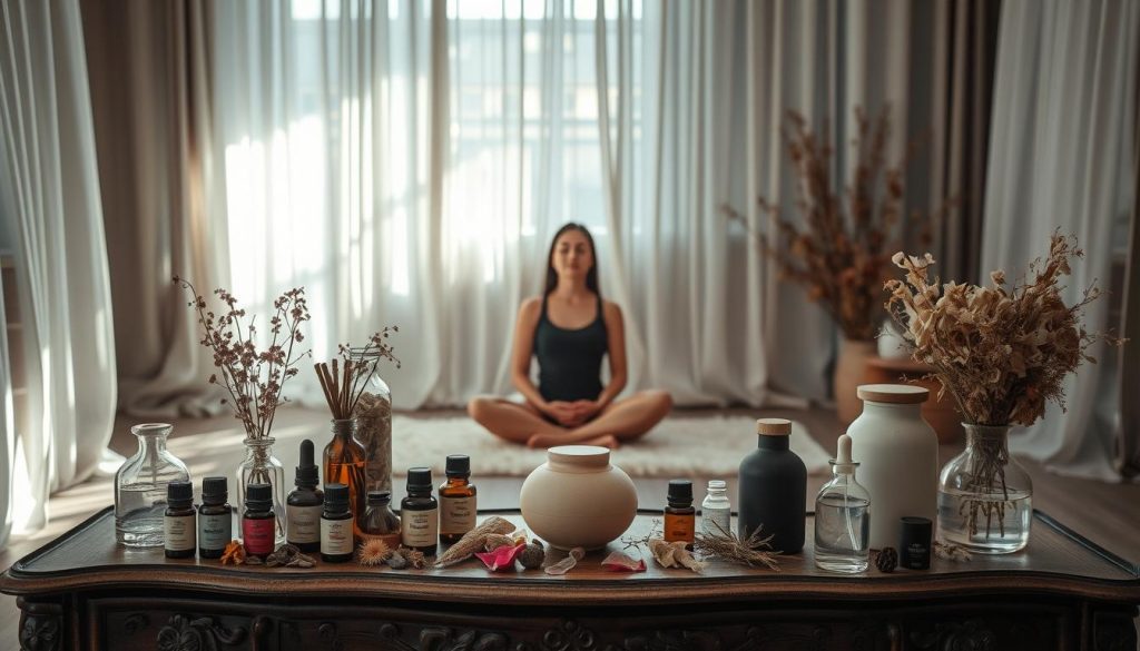 A dimly lit room with natural light filtering through sheer curtains, casting a soft, warm glow. In the foreground, an ornate wooden table holds an array of essential oil bottles, diffusers, and other aromatherapy tools. A variety of dried flowers, herbs, and botanicals are artfully arranged, their delicate textures and muted colors complementing the scene. In the middle ground, a person sits cross-legged on a plush rug, eyes closed in meditation, hands gently resting on their knees. The overall atmosphere is serene, calming, and inviting, evoking a sense of relaxation and mindfulness.