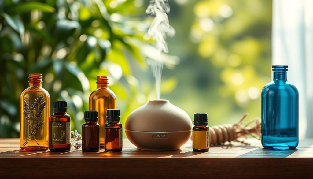 A relaxing still life scene of essential oil bottles and diffuser on a wooden table, bathed in warm, diffused lighting. The foreground features an arrangement of amber, green, and blue glass bottles filled with various essential oils - lavender, chamomile, and bergamot. A minimalist ceramic essential oil diffuser sits in the center, gently emitting mist. The middle ground showcases a soft, blurred background of lush greenery and natural textures, creating a soothing, natural ambiance. The overall composition exudes a sense of calm and tranquility, visually conveying the restorative power of essential oils.