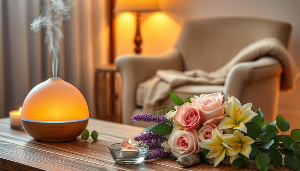 A serene and tranquil scene of a spa-like setting, featuring a diffuser emitting soothing aromas of essential oils such as lavender, bergamot, and ylang-ylang. Soft, warm lighting casts a gentle glow, creating a calming atmosphere. In the foreground, a beautiful bouquet of fresh flowers, including roses and eucalyptus, rests on a wooden table, complemented by a small bowl of crystals and a lit candle. In the background, a plush, comfortable armchair invites the viewer to relax and unwind, with a cozy blanket draped over it. The overall composition evokes a sense of peace, relaxation, and the restorative power of aromatherapy for stress relief.