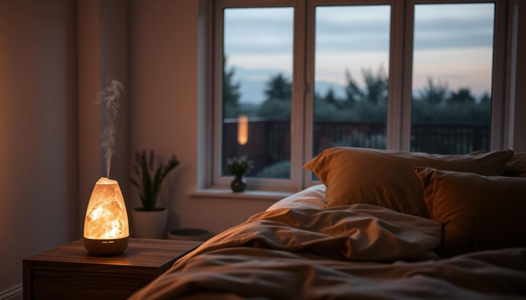 A serene bedroom at dusk, softly lit by the warm glow of a salt lamp. In the foreground, a wooden nightstand holds a diffuser emitting wisps of fragrant steam, the calming scent of lavender and chamomile permeating the air. On the bed, plush bedding in earthy tones invites a restful slumber. The large window overlooking a tranquil garden casts a gentle, diffused light, creating a cozy and inviting atmosphere. Subtle shadows play across the walls, a sense of peace and relaxation pervading the scene. The overall composition evokes a sanctuary for wellness and rejuvenation.