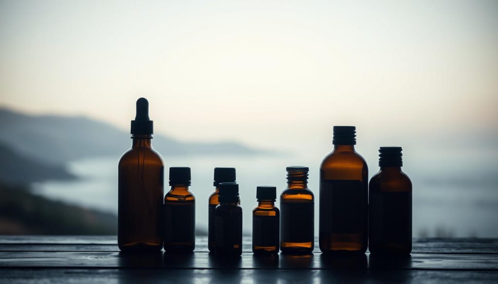 A serene, dimly-lit studio setting with a selection of therapeutic essential oil bottles arranged artfully on a wooden surface. The bottles are backlit, casting a warm, soothing glow across the scene. In the background, a soft, blurred landscape of rolling hills or a calming seascape creates a sense of tranquility. The lighting is muted, with subtle shadows and highlights accentuating the textures and shapes of the bottles. The overall mood is one of relaxation, inviting the viewer to imagine the calming effects of the oils.