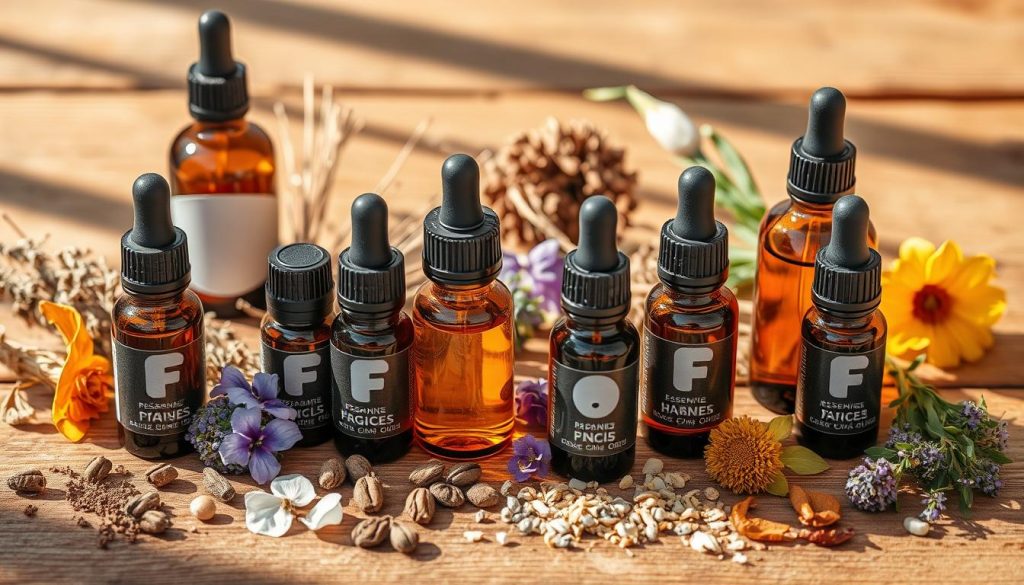 A still life arrangement of various essential oils and their key ingredients, displayed on a wooden surface. The oils are presented in amber-colored glass bottles and dropper bottles, with dried herbs, flowers, and botanical elements surrounding them. Warm, natural lighting illuminates the scene, casting soft shadows and highlighting the textures of the natural materials. The composition is balanced, with a focus on the essential oils as the central subject, conveying a sense of healing, wellness, and natural remedies.