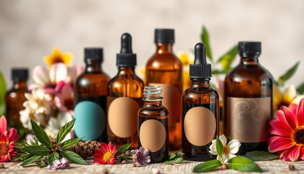 A still life arrangement of various therapeutic essential oils in glass bottles, set against a soft, blurred background. The bottles are positioned in the foreground, their shapes and labels clearly visible, with a warm, natural lighting highlighting the vibrant colors and textures of the oils. Surrounding the bottles are fresh flowers, herbs, and leaves, creating a serene, spa-like atmosphere. The overall composition evokes a sense of relaxation, tranquility, and the restorative power of nature.