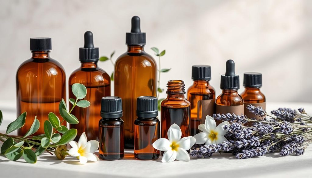 A tranquil still life arrangement showcasing an assortment of essential oils in amber glass bottles, accompanied by aromatic botanicals such as fresh eucalyptus sprigs, fragrant lavender sprigs, and delicate jasmine flowers. The arrangement is set against a soft, muted background with gentle natural lighting, creating a calming and soothing atmosphere that evokes the restorative power of nature's gifts. The composition is balanced and visually appealing, highlighting the beauty and versatility of these natural remedies.