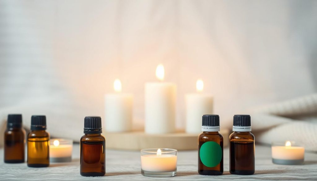A tranquil still-life scene of essential oil bottles, candles, and a cozy textured background. The bottles are arranged in the foreground, featuring various colors and shapes, with a soft, diffused light illuminating their contents. In the middle ground, a group of lit candles cast a warm, soothing glow, creating a calming atmosphere. The background is a soft, muted textile or wooden surface, providing a neutral, relaxing setting. The overall mood is one of relaxation, serenity, and the therapeutic benefits of essential oils.