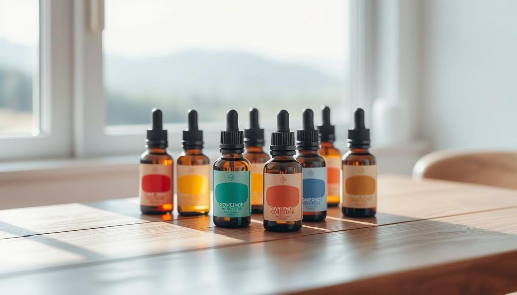 A tranquil still life showcasing an array of essential oil bottles on a wooden table, with soft, natural lighting streaming in from the side. The bottles are arranged in a visually appealing composition, each one filled with a different colored liquid, representing the diversity of calming scents. In the background, a blurred, serene landscape can be seen through a window, adding to the sense of peace and relaxation. The overall mood is one of soothing calmness, inviting the viewer to experience the therapeutic benefits of these essential oils for anxiety relief.