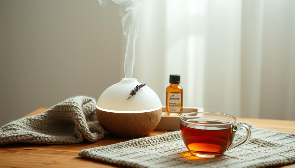 Serene essential oil diffuser setup on a wooden table, with a calming arrangement of chamomile, lavender, and bergamot oils in glass bottles. Soft, diffused lighting illuminates the scene, creating a peaceful, spa-like ambiance. Delicate steam wisps gently rise from the diffuser, infusing the air with soothing aromas. In the foreground, a cozy knitted blanket and a cup of herbal tea add to the sense of comfort and relaxation. The overall scene conveys a harmonious integration of natural elements, promoting a calming and restorative atmosphere for anxiety relief.