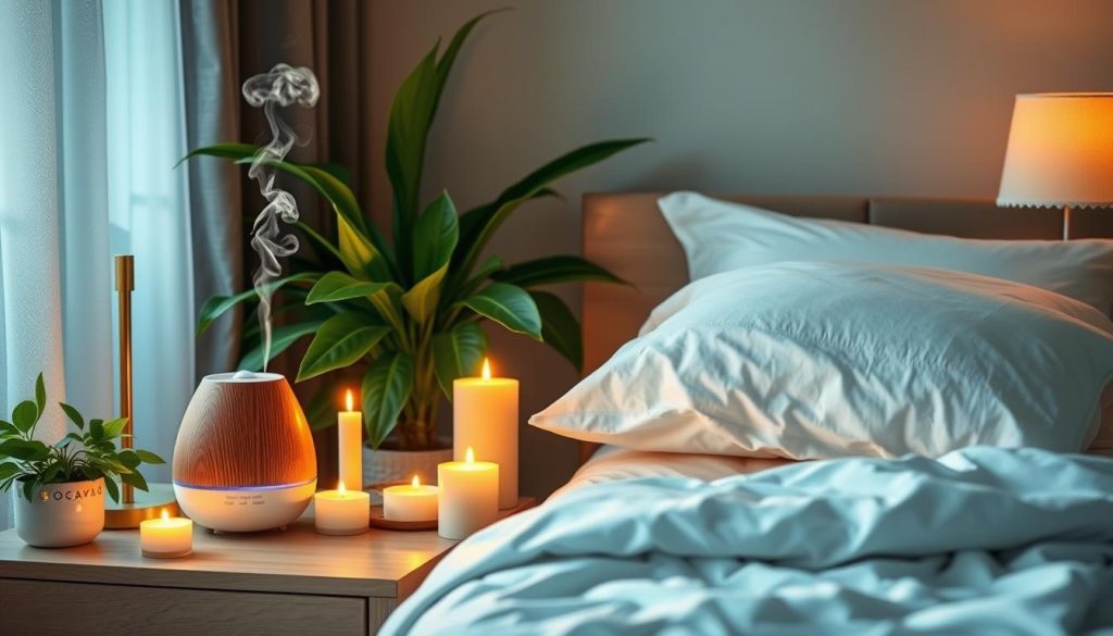 Soothing aromatherapy scene for better sleep: A tranquil bedroom setting with a bedside table, an essential oil diffuser emitting wispy white steam, and an array of calming scented candles flickering softly. The room is bathed in a warm, golden glow from a table lamp with a soft, ambient light. Lush green plants and a plush, inviting bed with crisp white linens create a serene, natural atmosphere. The overall mood is peaceful, relaxing, and conducive to restful slumber.